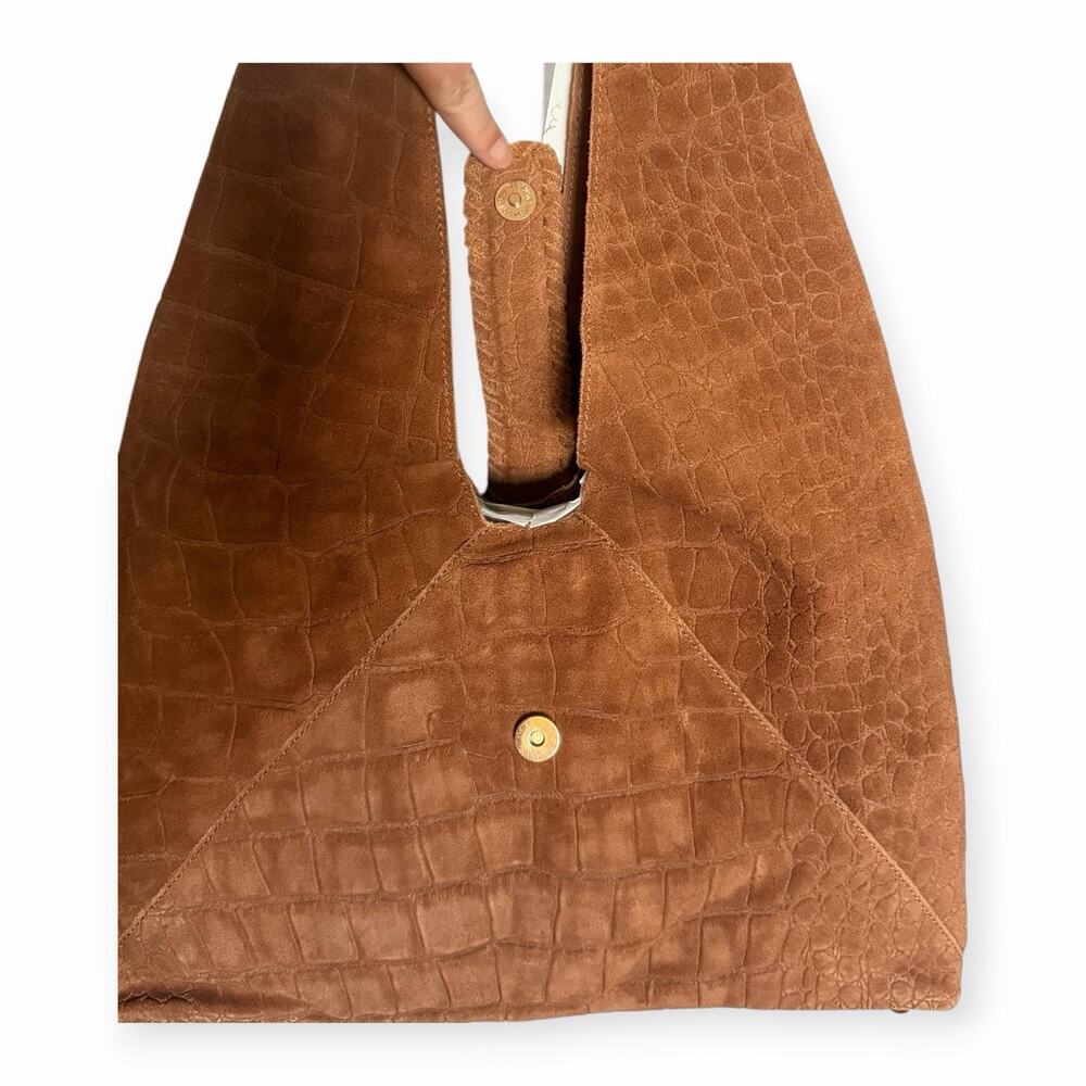 NWT Haute Hippie Triangle Suede Hobo Bag Brown Croc Embossed Boho Shoulder Bag - Picture 8 of 8